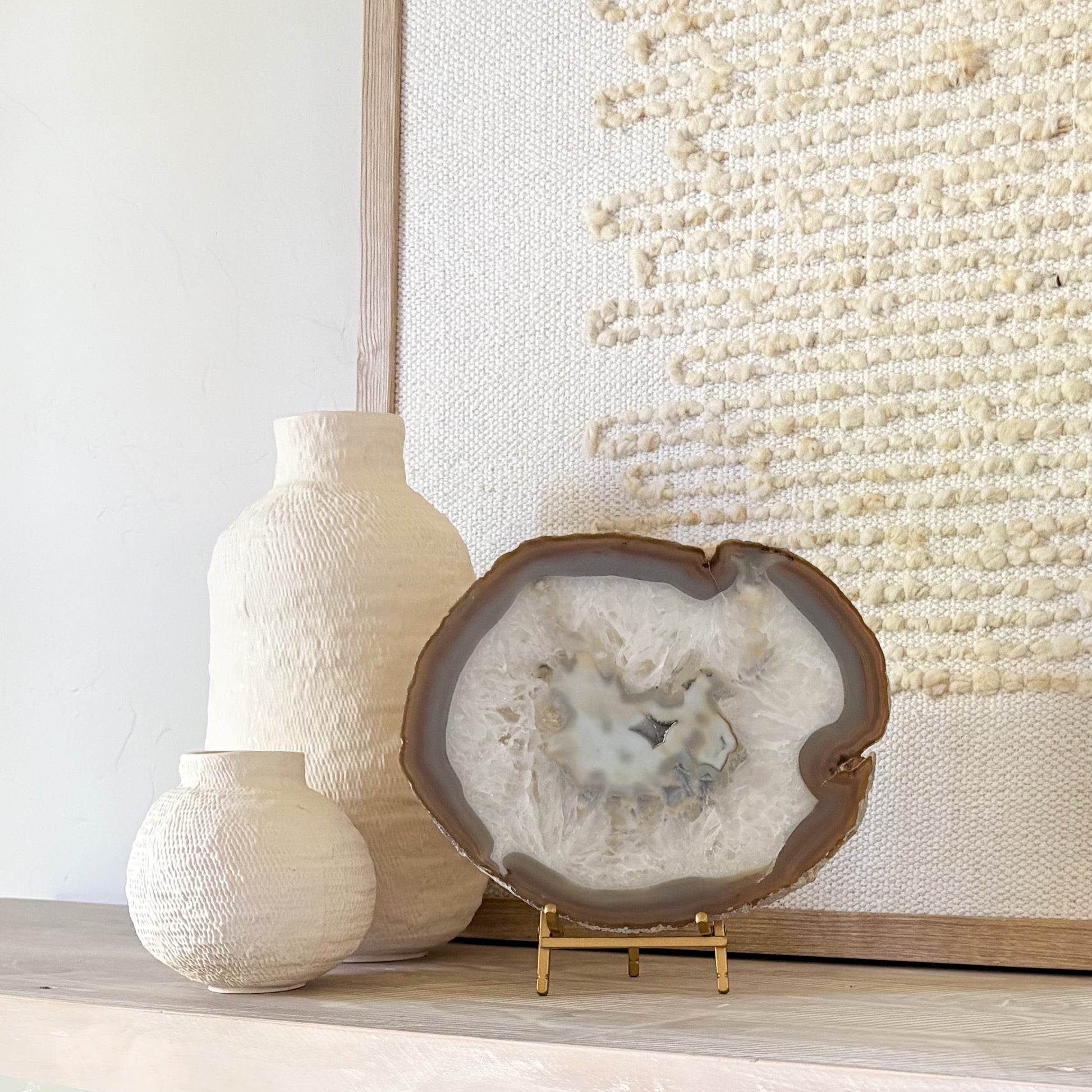 Brazilian agate slice on gold stand luxury home decor accent piece
