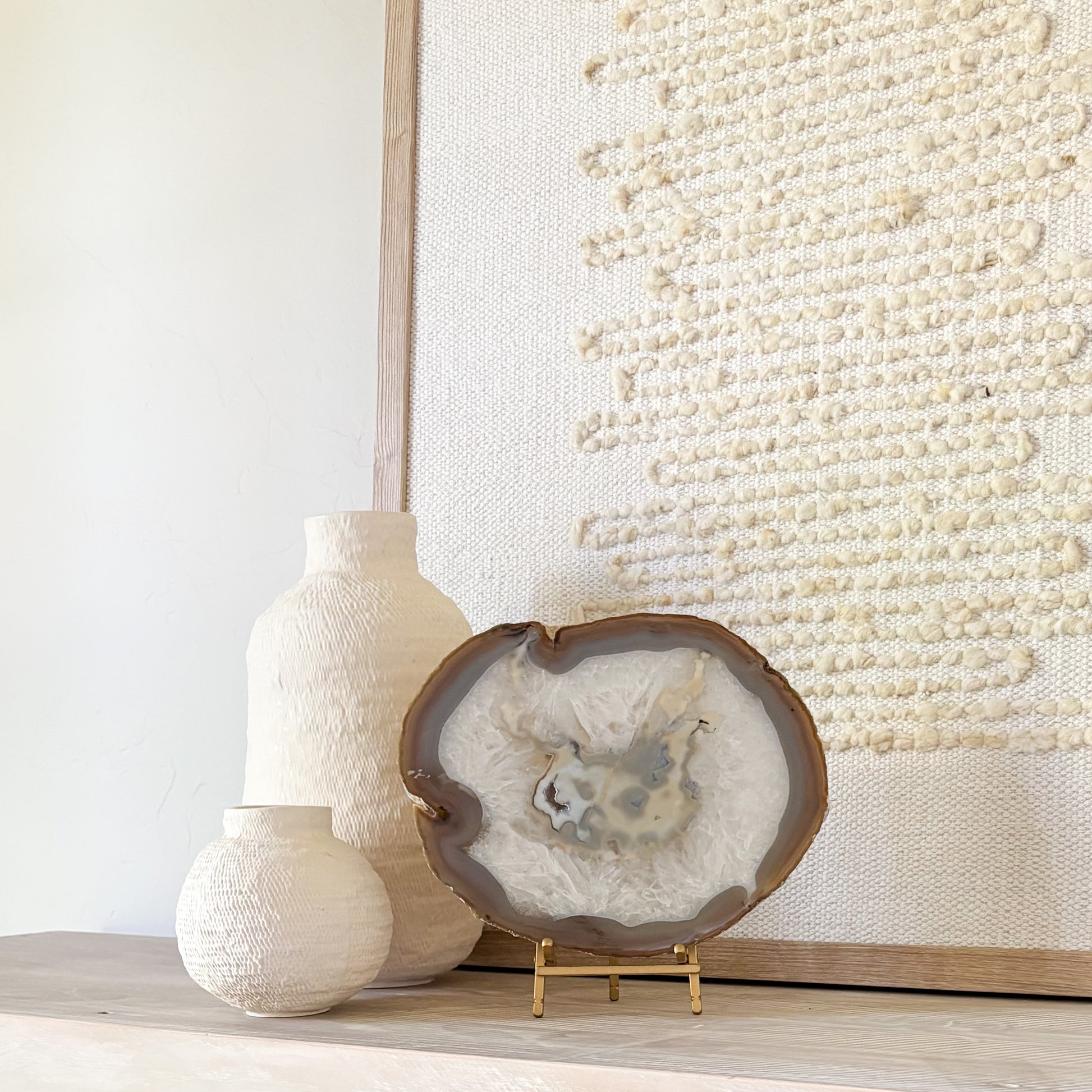 Decorative Brazilian agate slice sculpture on stand for upscale home decor