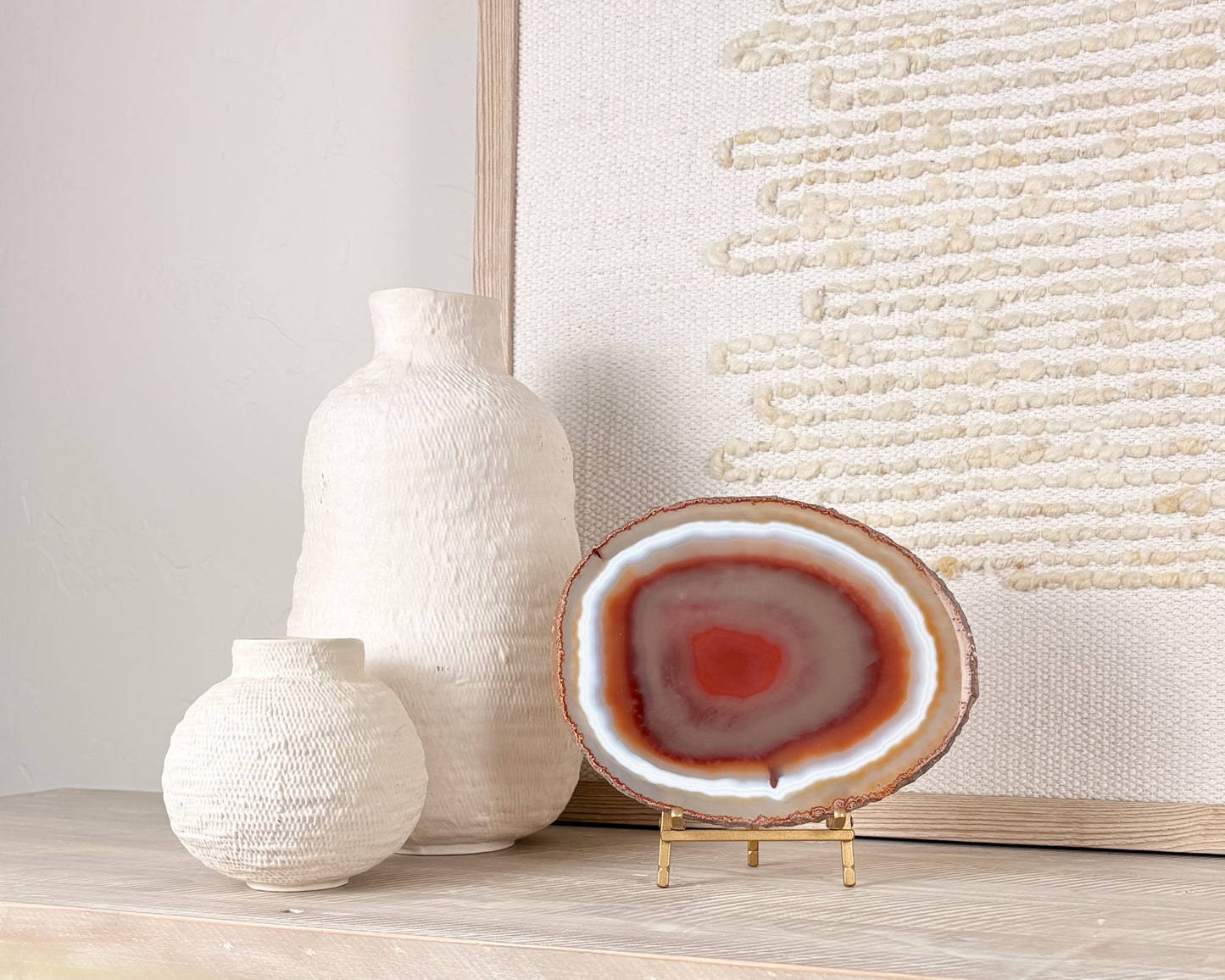 Brazilian agate gemstone slice on stand for luxury home, office, shelf, or tabletop decor