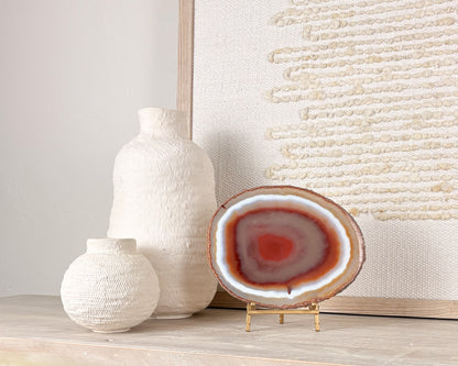 Brazilian agate gemstone slice on stand for luxury home, office, shelf, or tabletop decor