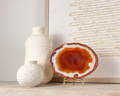 “Brazilian agate gemstone slice on stand for luxury home, office, shelf, or tabletop decor.”