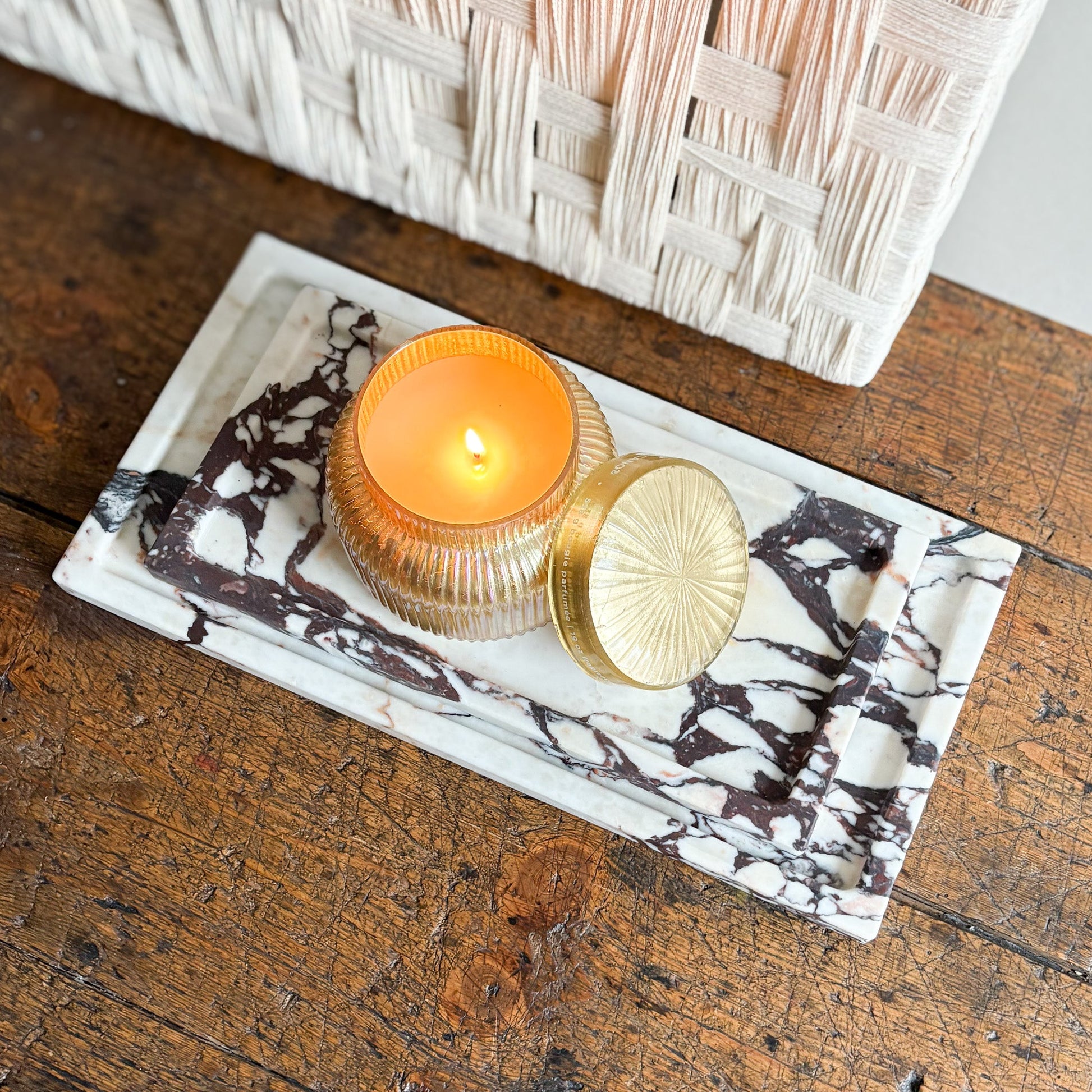 white and brown marble tray