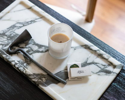 Modern Calacatta Borghini marble tray for styling coffee tables and consoles