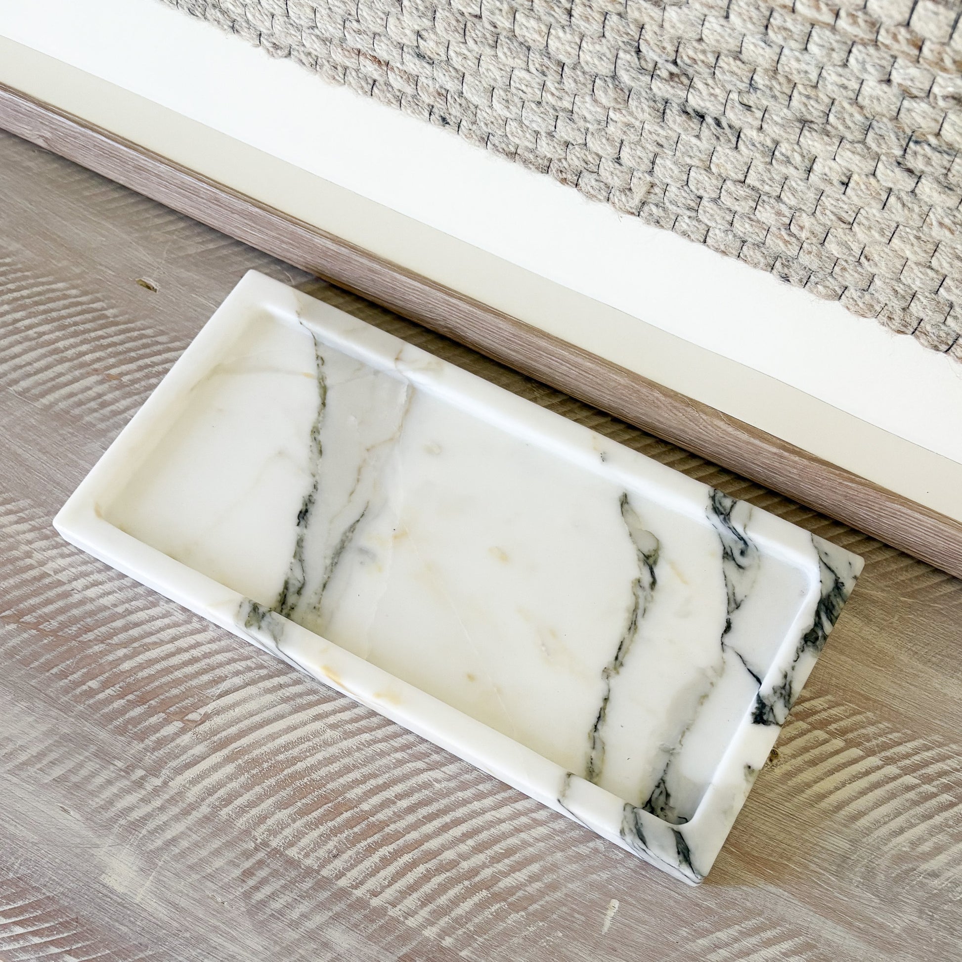 Luxury marble tray with velvet backing to prevent countertop scratches