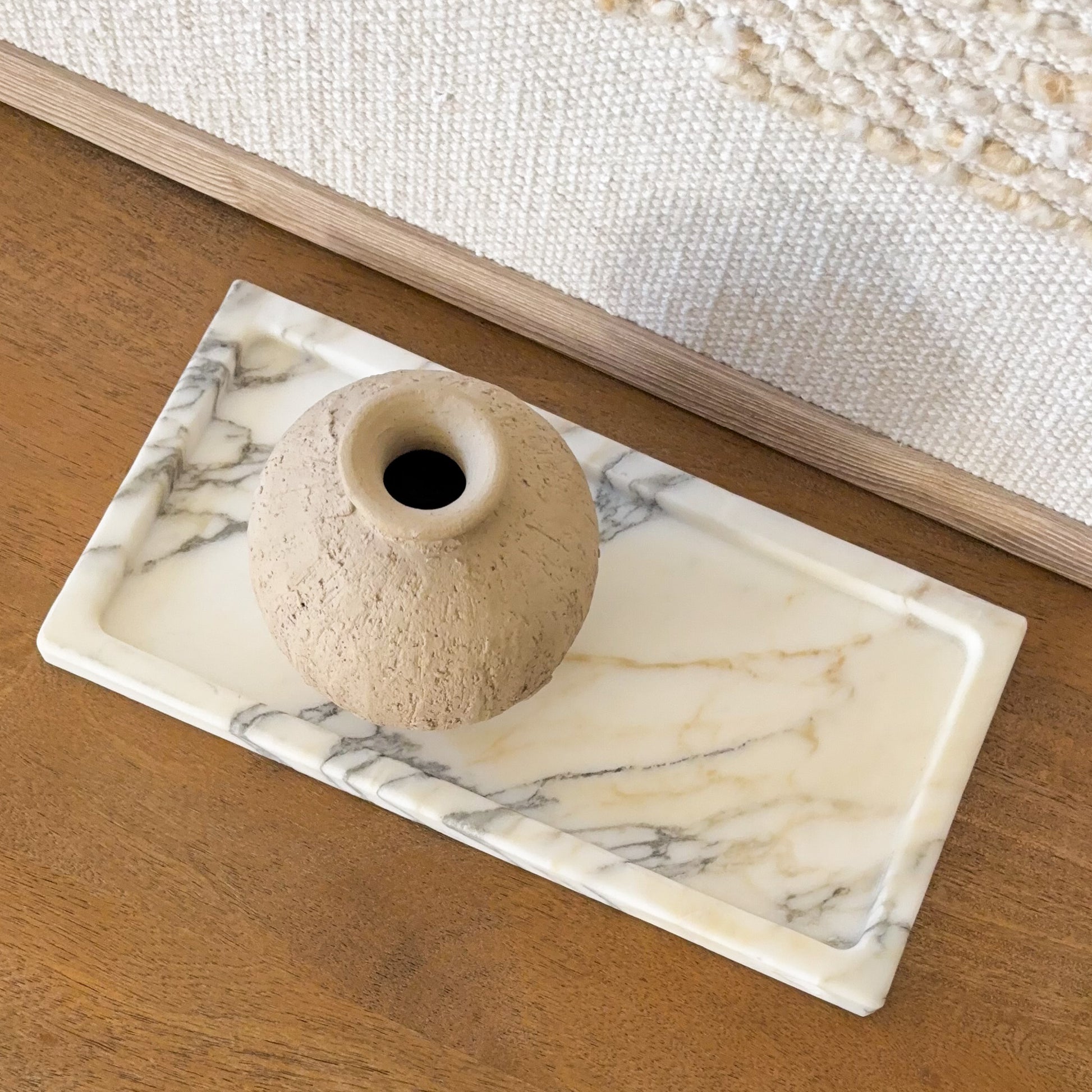 White marble tray with natural gray veining, modern minimalist décor
