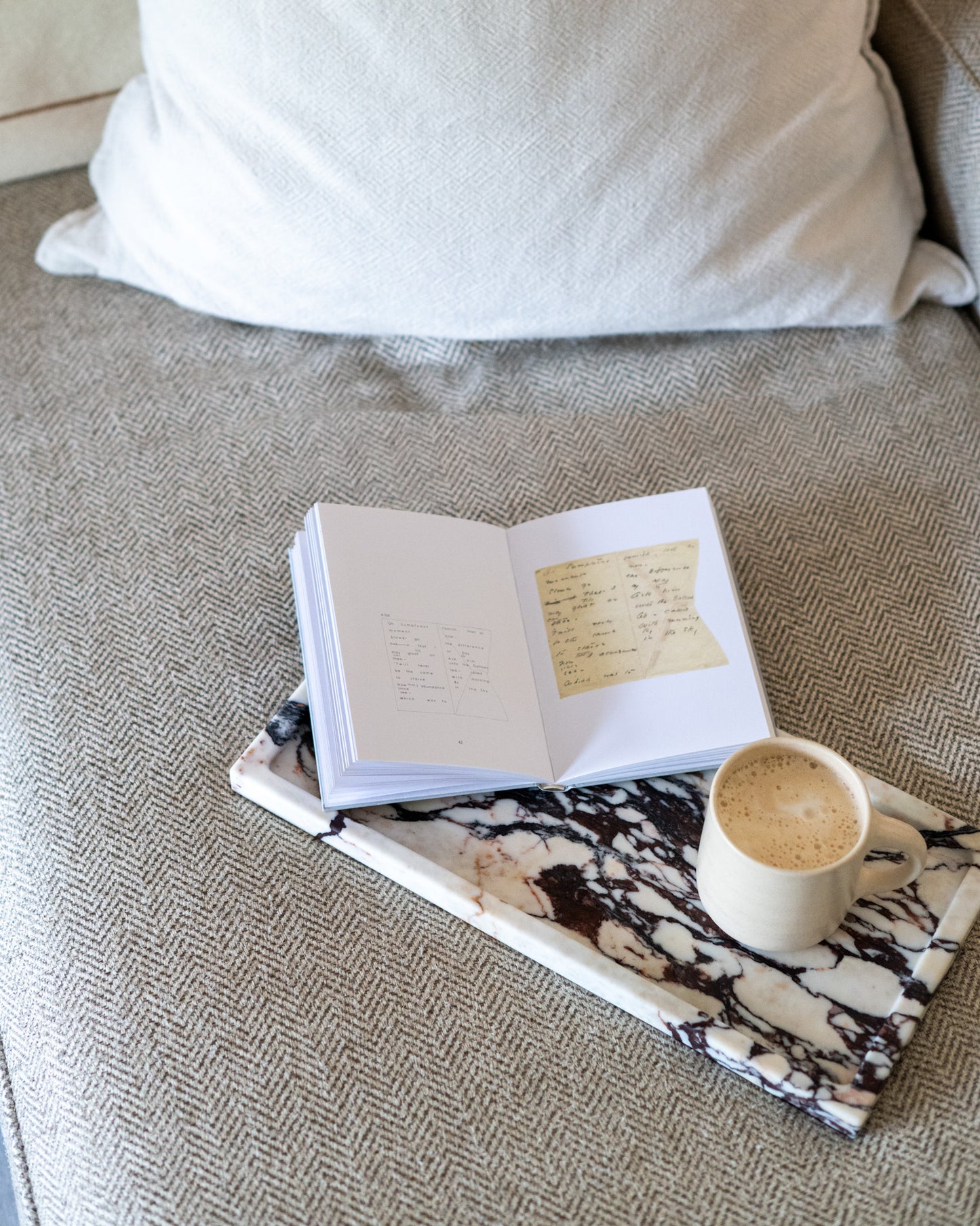 Elegant Calacatta Viola marble tray styled as a decorative accent for luxury interiors