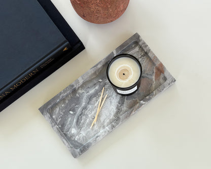 One-of-a-kind gray Cappuccino marble tray with natural stone veining