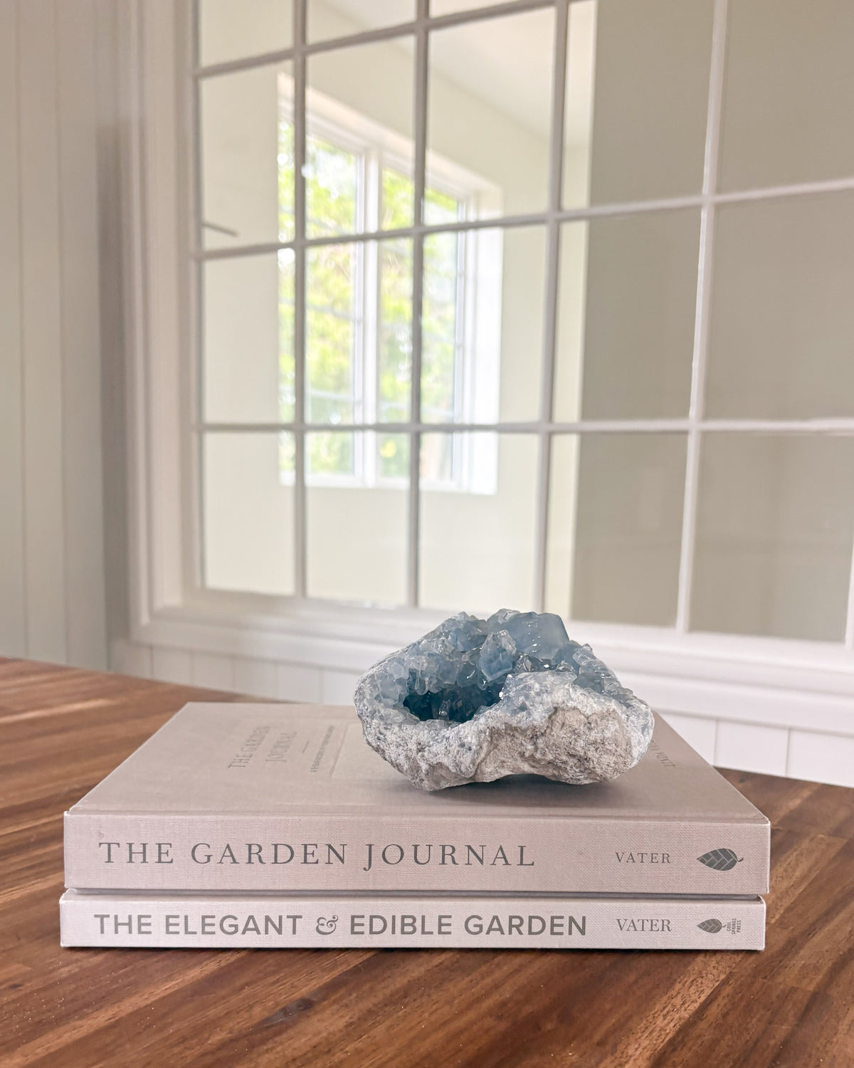 Celestite crystal cluster with natural pale blue crystal points