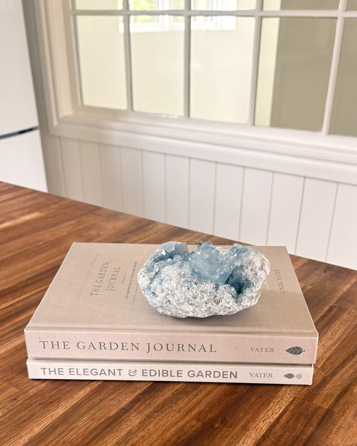 Natural blue celestite cluster for modern organic decor