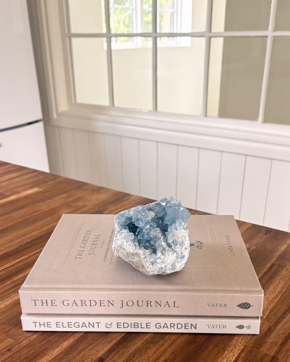 Natural celestite mineral cluster with soft blue crystal formation