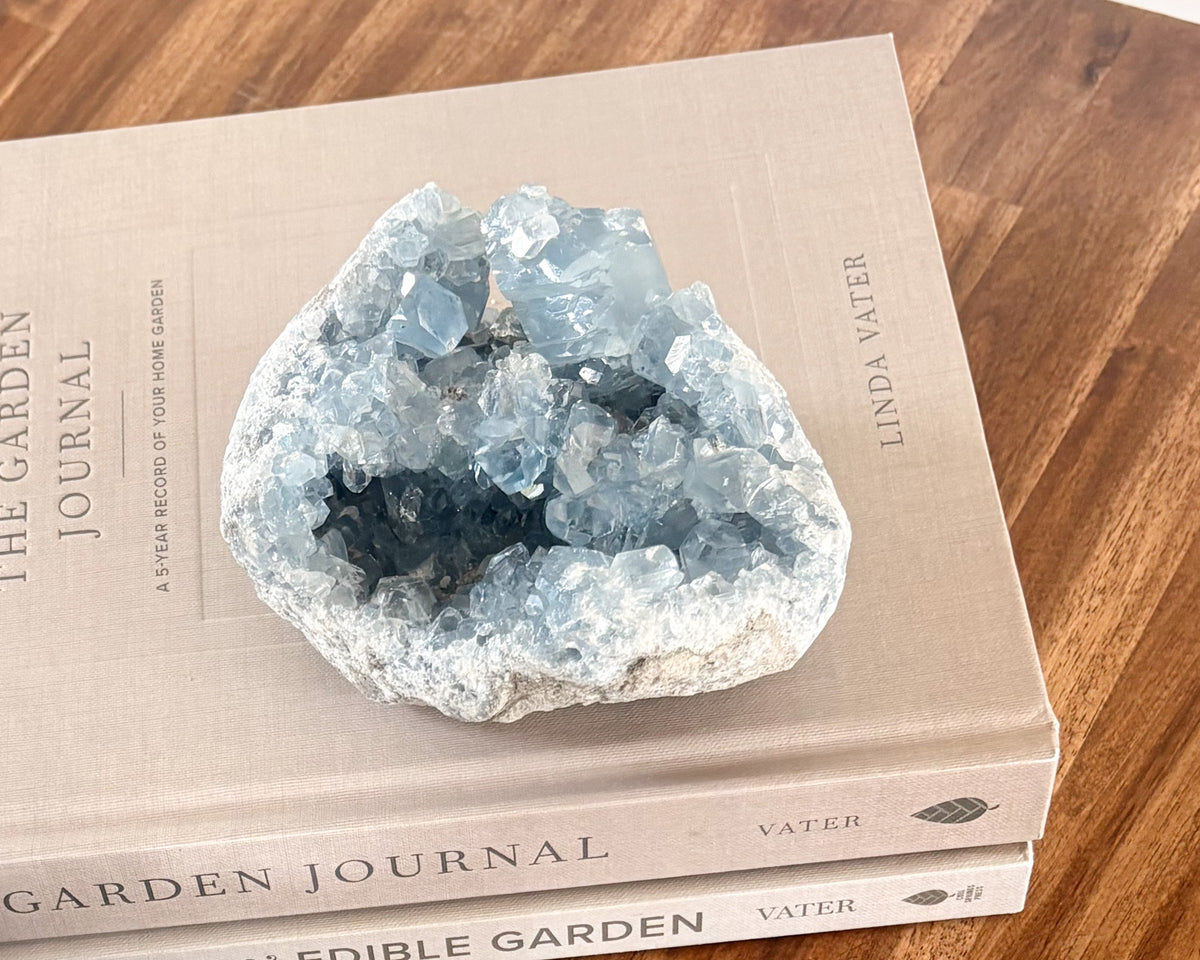 One-of-a-kind celestite crystal cluster with blue crystals