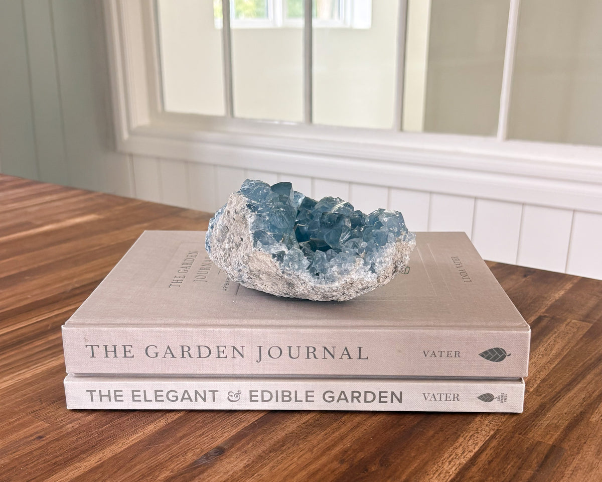 Celestite crystal specimen with pale blue crystal points