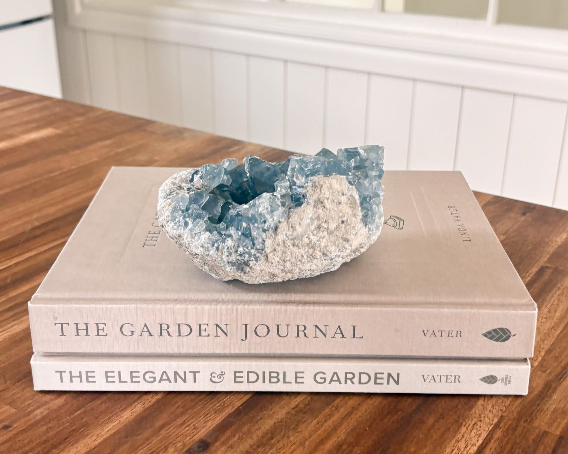 Natural blue celestite cluster for modern organic decor