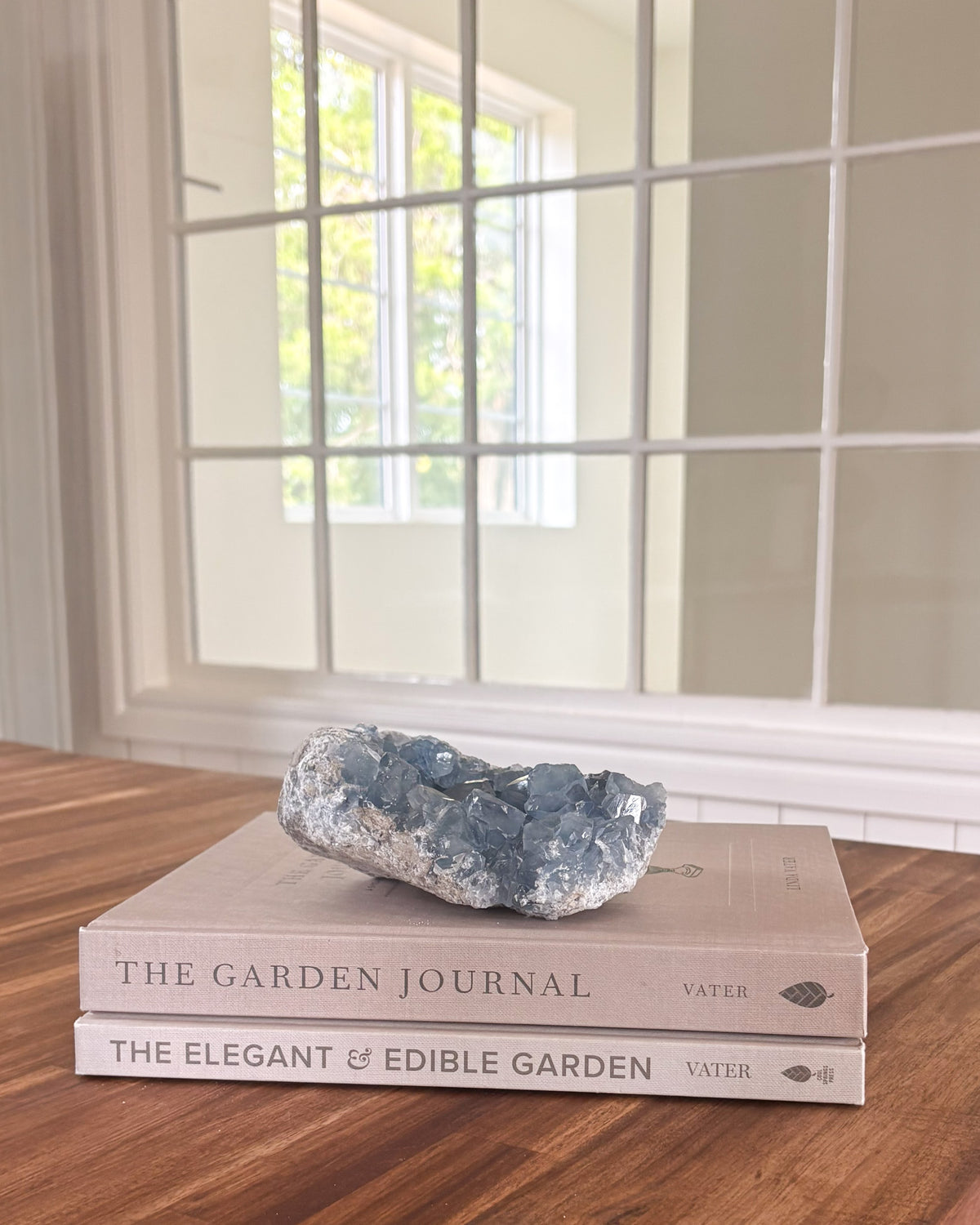 Natural celestite mineral cluster with soft blue crystal formation