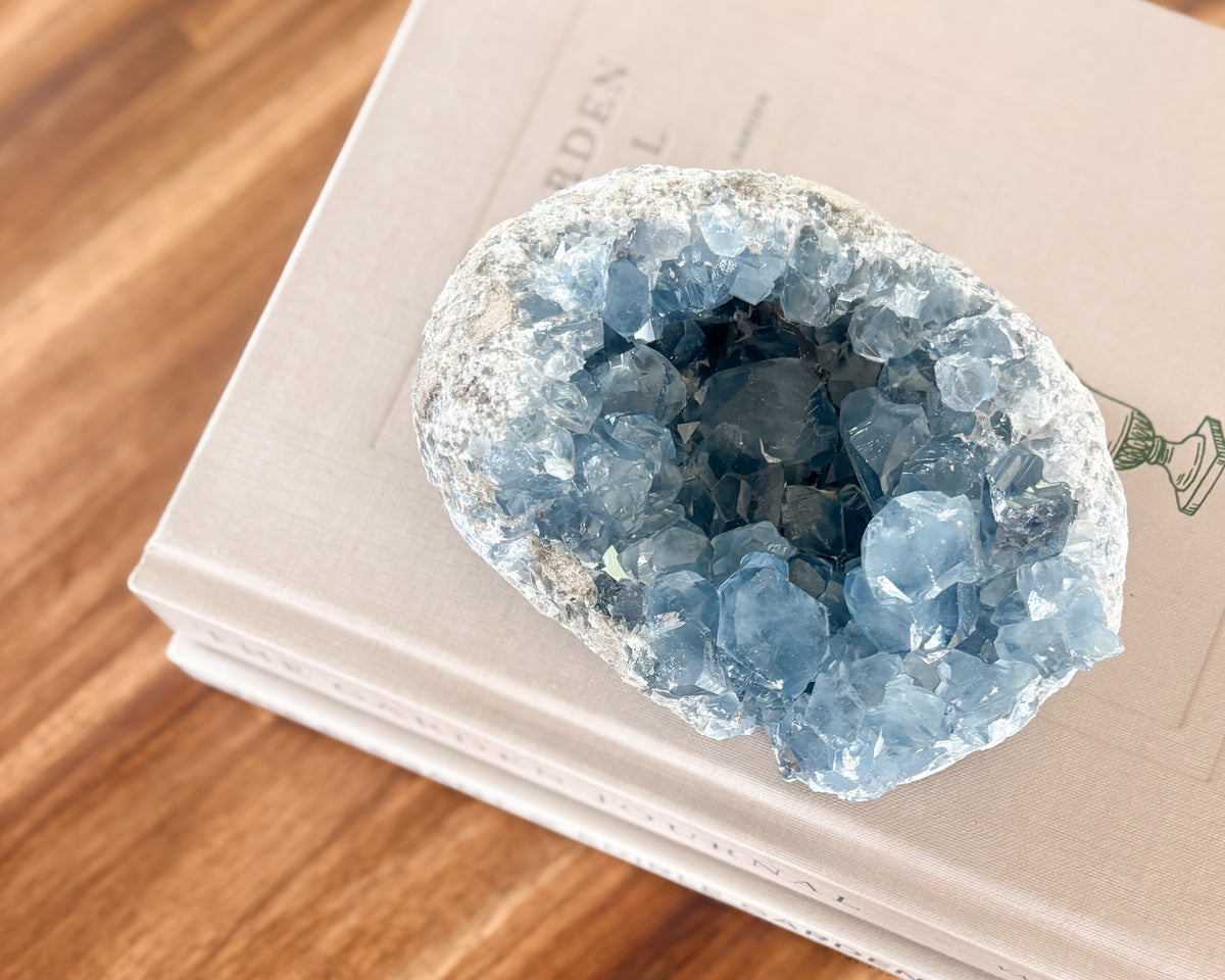 Celestite crystal cluster with natural pale blue crystal points