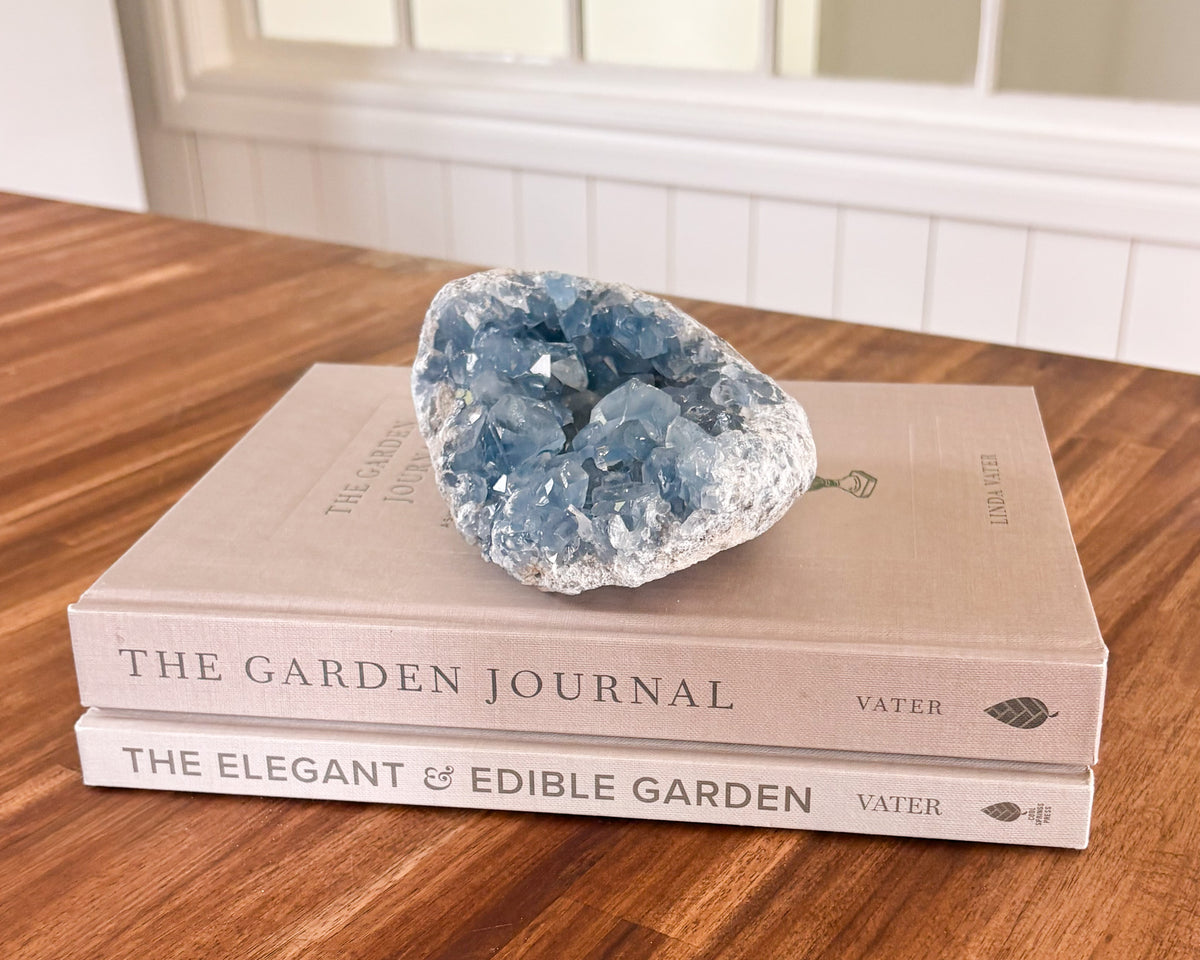 Natural blue celestite cluster for modern organic decor