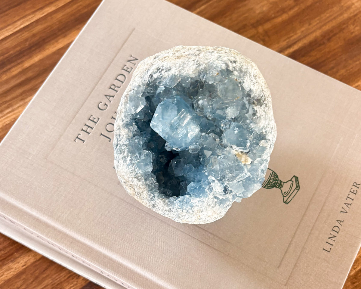 Natural blue celestite cluster for modern organic decor