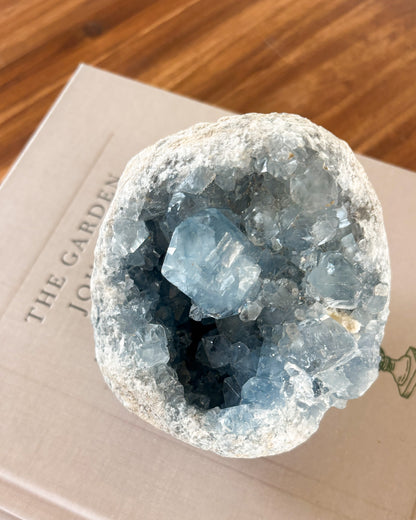 Celestite crystal cluster with natural pale blue crystal points