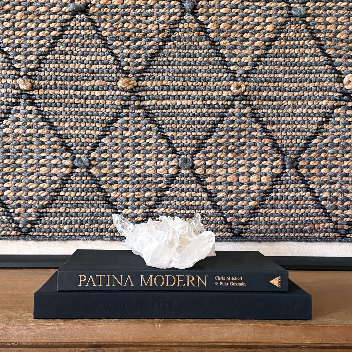 Clear quartz cluster shelf styling minimalist interior design