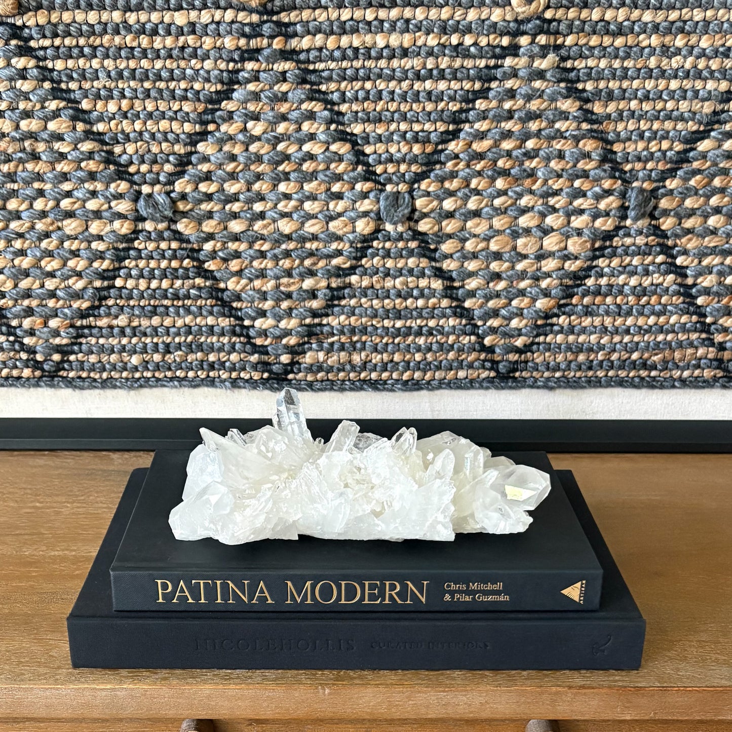 Clear quartz crystal cluster on neutral background modern organic decor