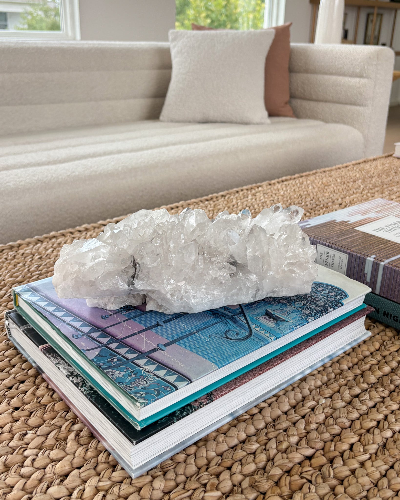 Clear quartz crystal cluster from Brazil displayed as natural home decor