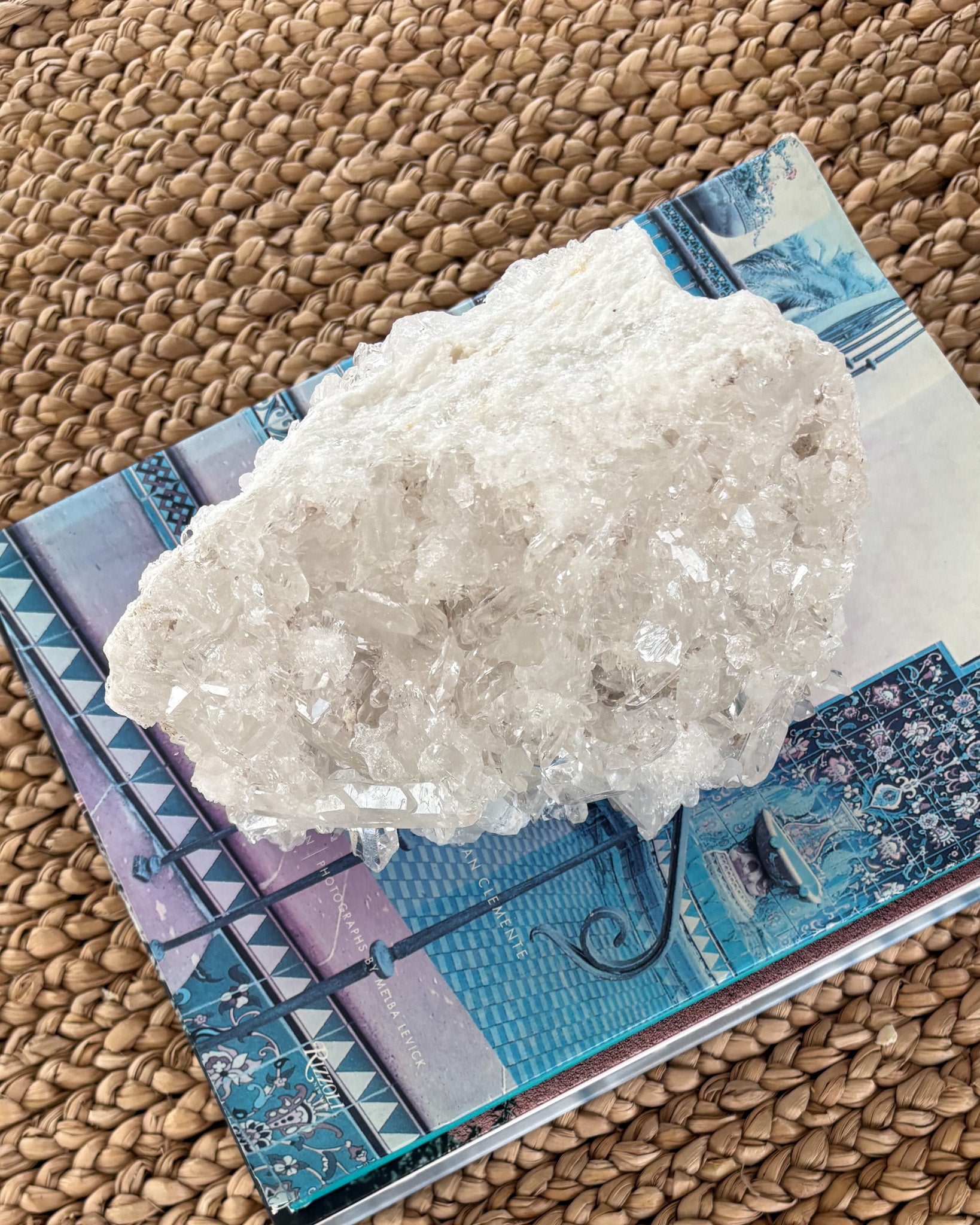 Raw clear quartz crystal cluster for coffee table or bookshelf styling