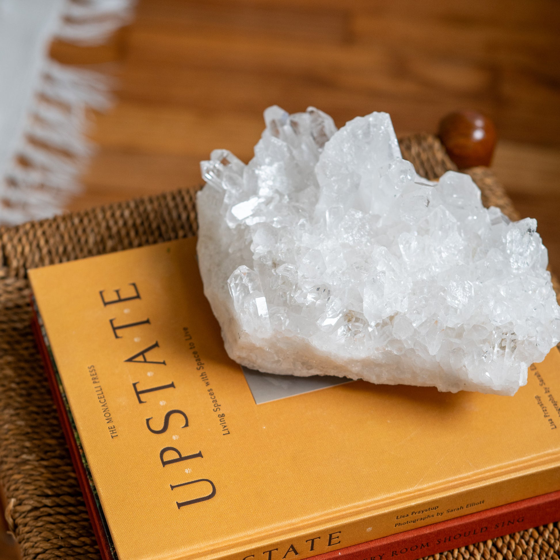 One-of-a-kind clear quartz crystal cluster for modern organic home decor and luxury shelf styling
