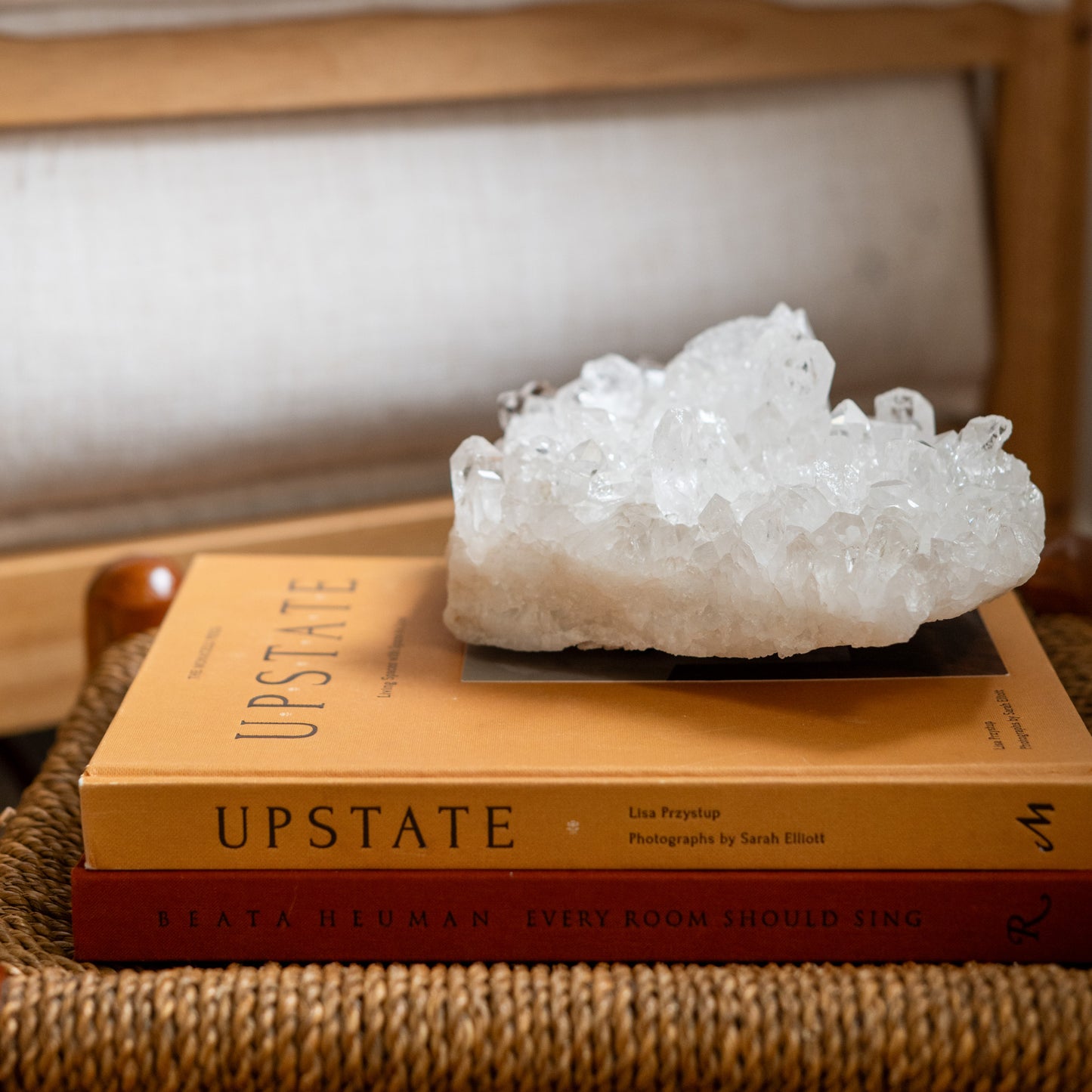 Decorative clear quartz crystal cluster handcrafted by nature for curated modern organic living spaces