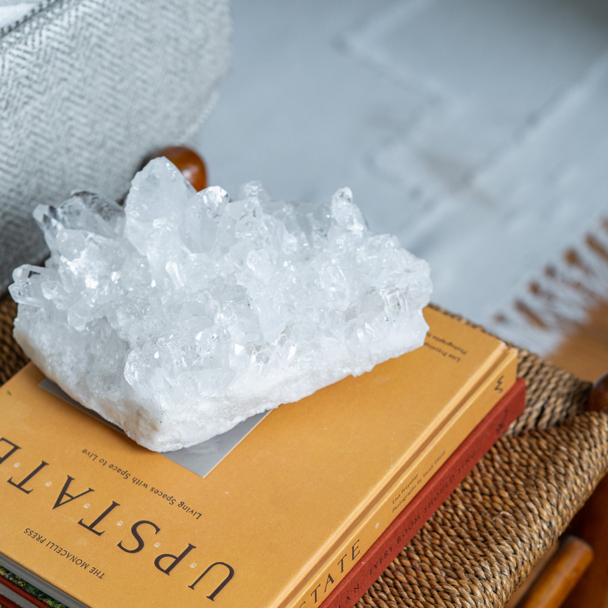 Raw clear quartz crystal cluster decorative accent for artisanal home decor and contemporary interiors