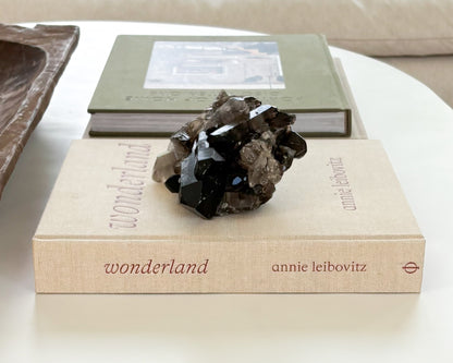 Raw smoky quartz crystal cluster with translucent brown quartz points