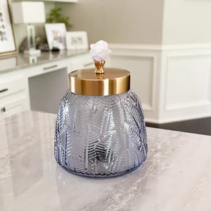 Open image in slideshow, small decorative glass cansiter with brass lid and crystal handle
