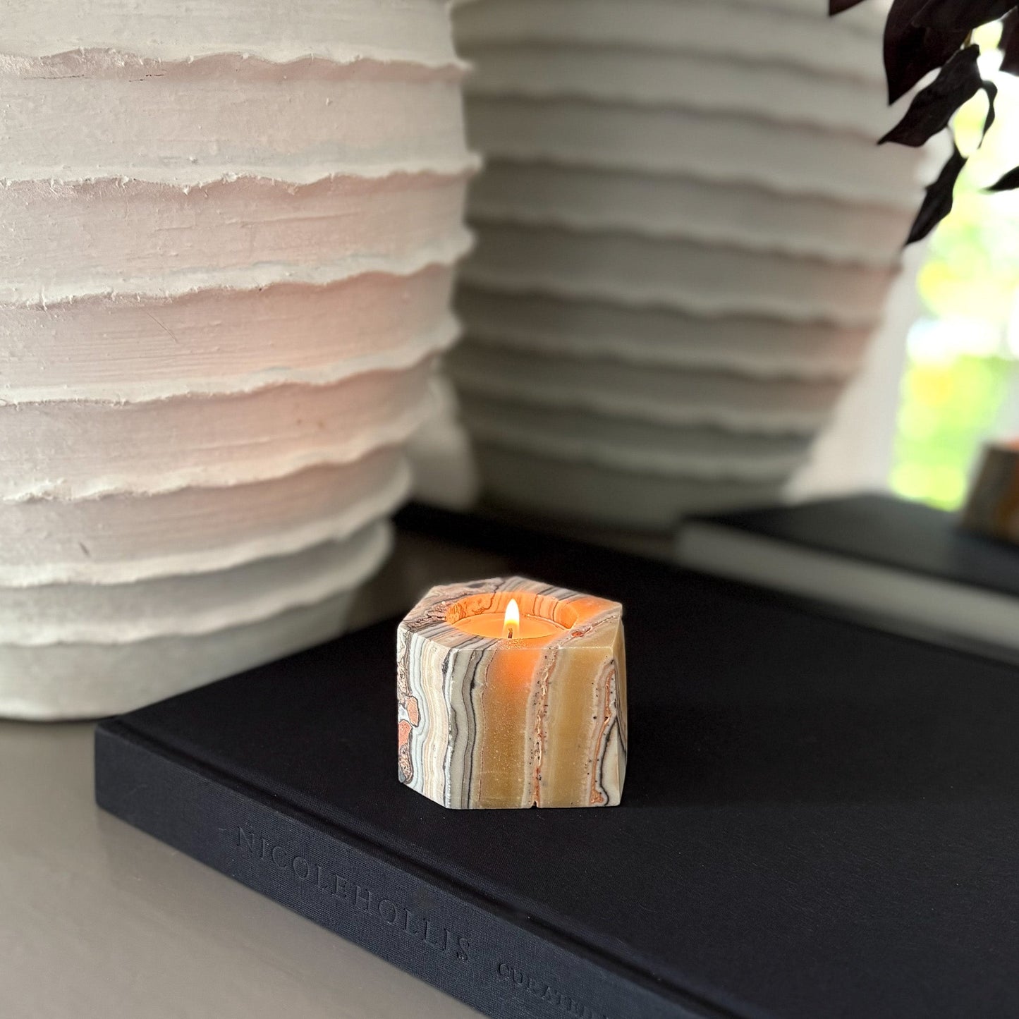 Faceted Zebra Calcite Candle Holder