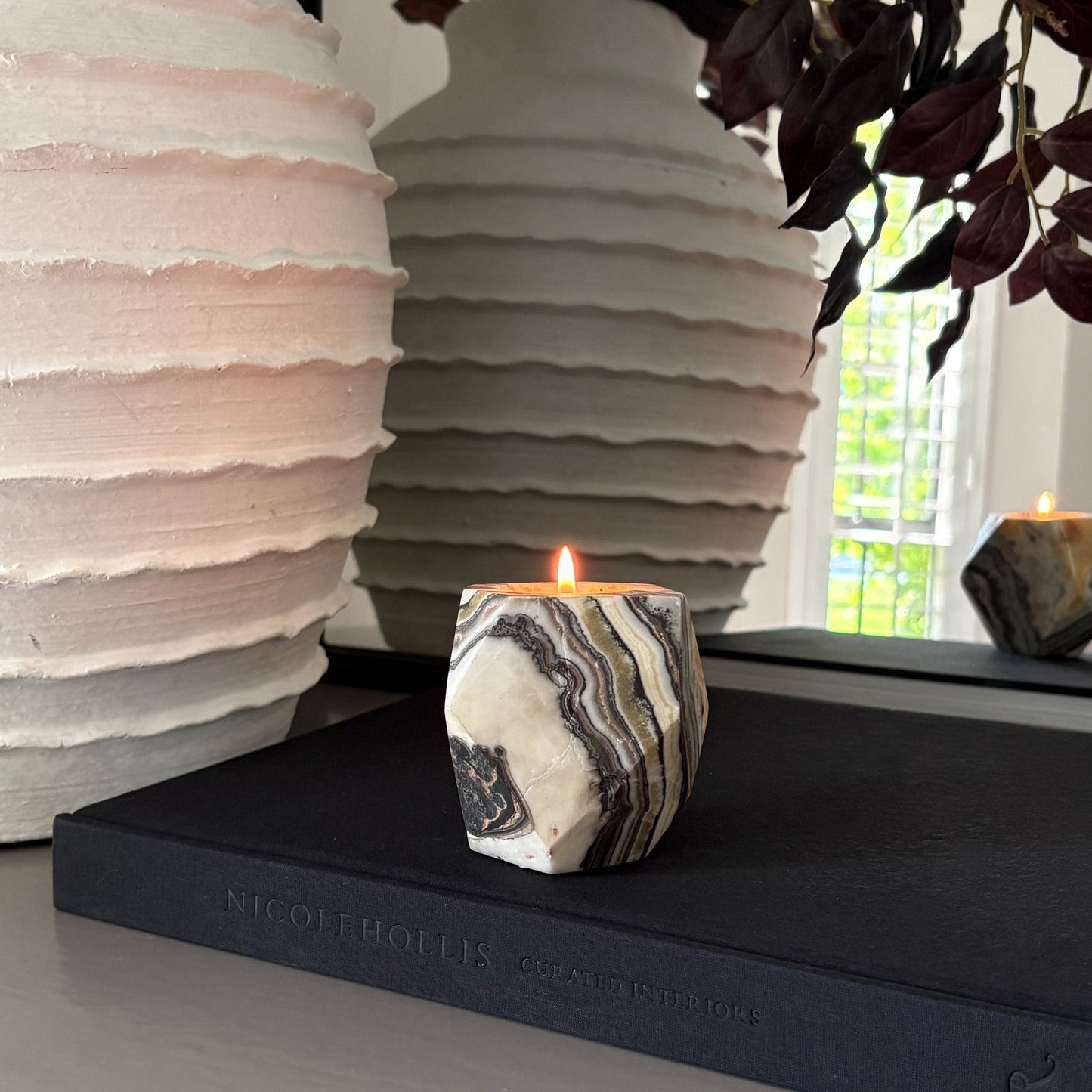 Faceted Zebra Calcite Candle Holder