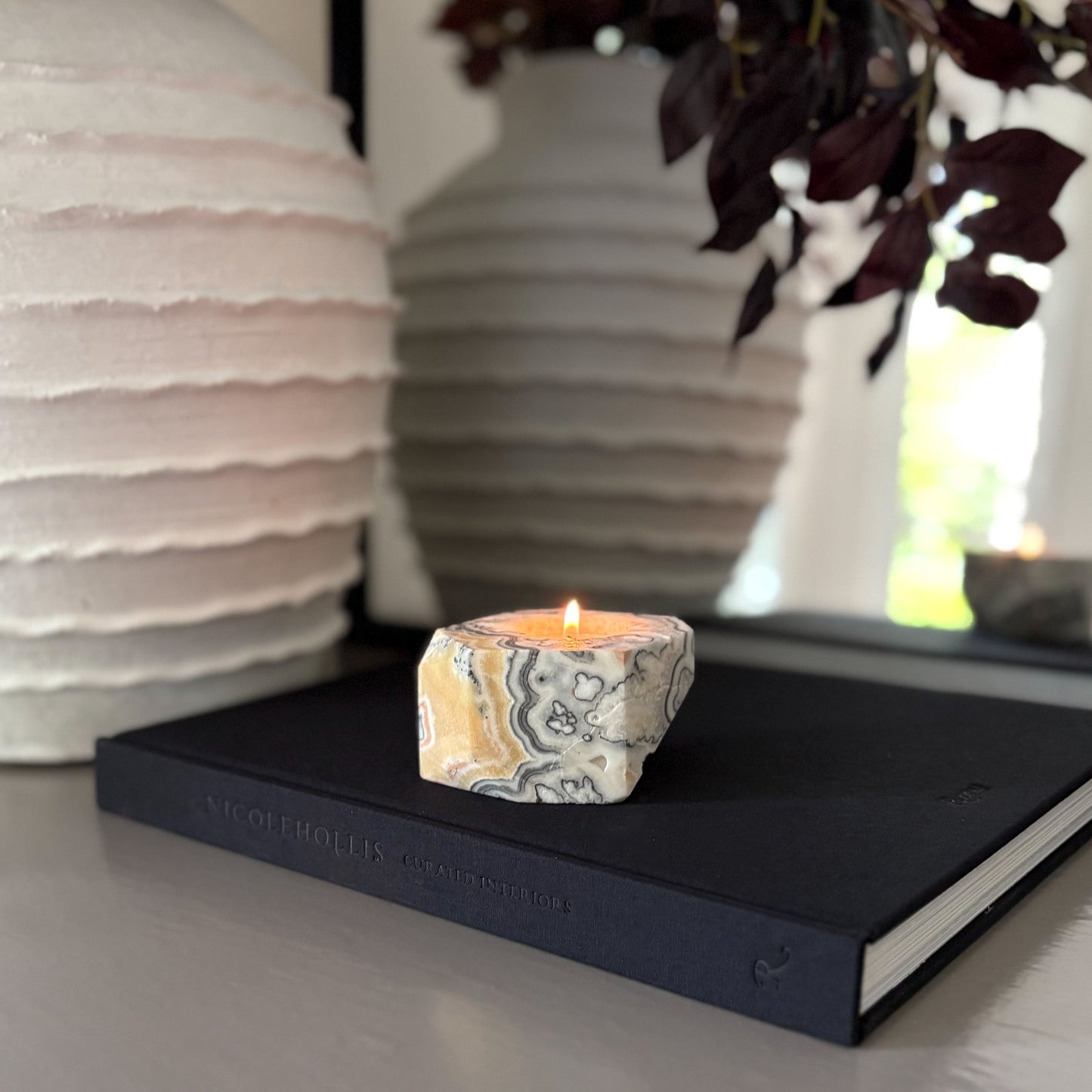 Faceted Zebra Calcite Candle Holder