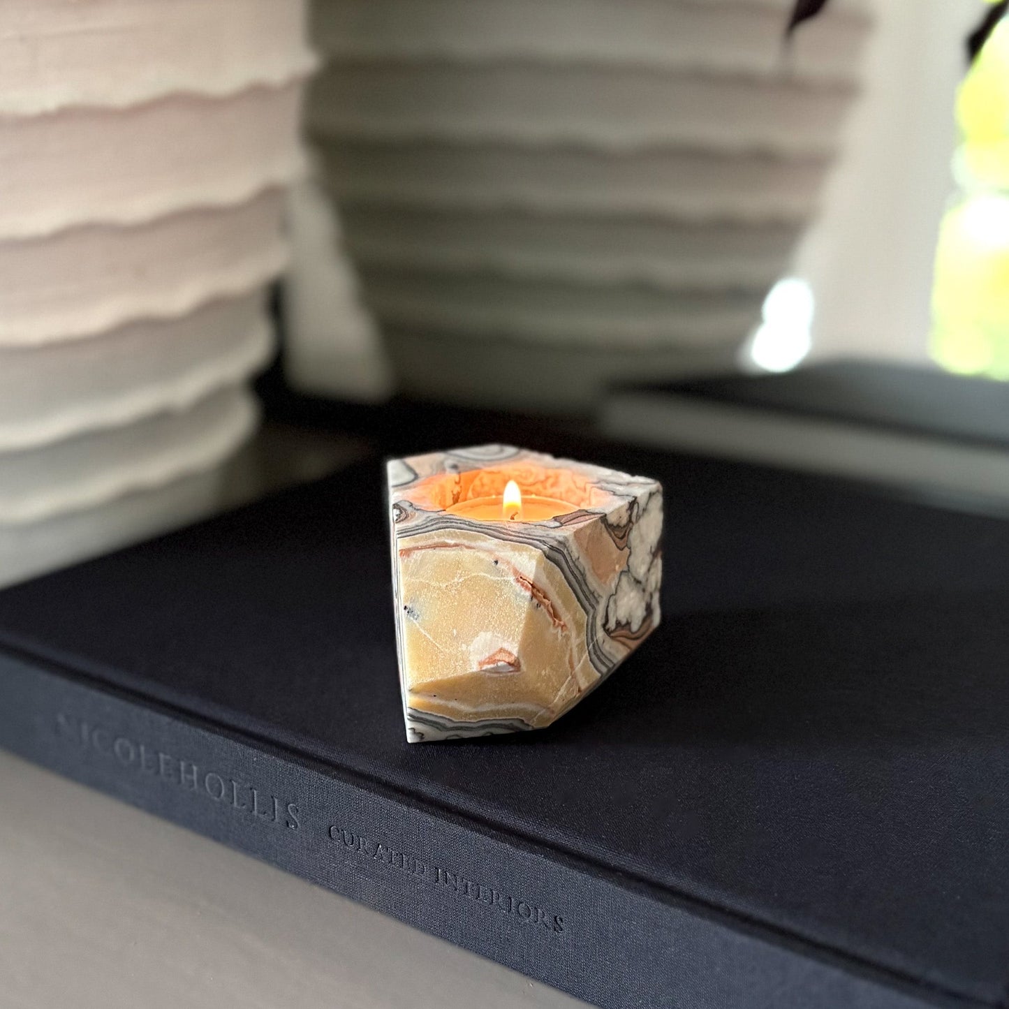 Faceted Zebra Calcite Candle Holder