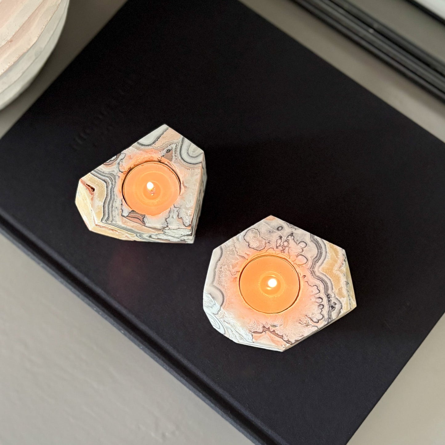 Faceted Zebra Calcite Candle Holder