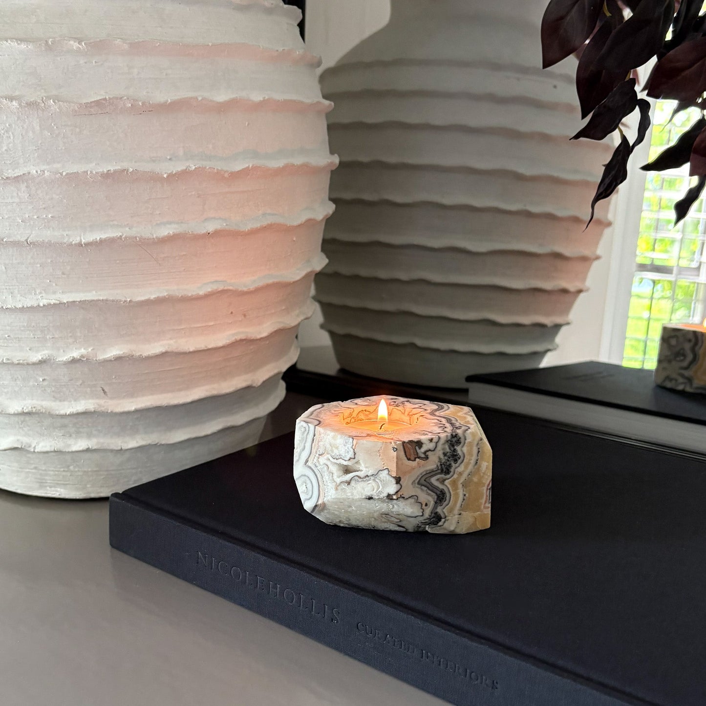 Faceted Zebra Calcite Candle Holder