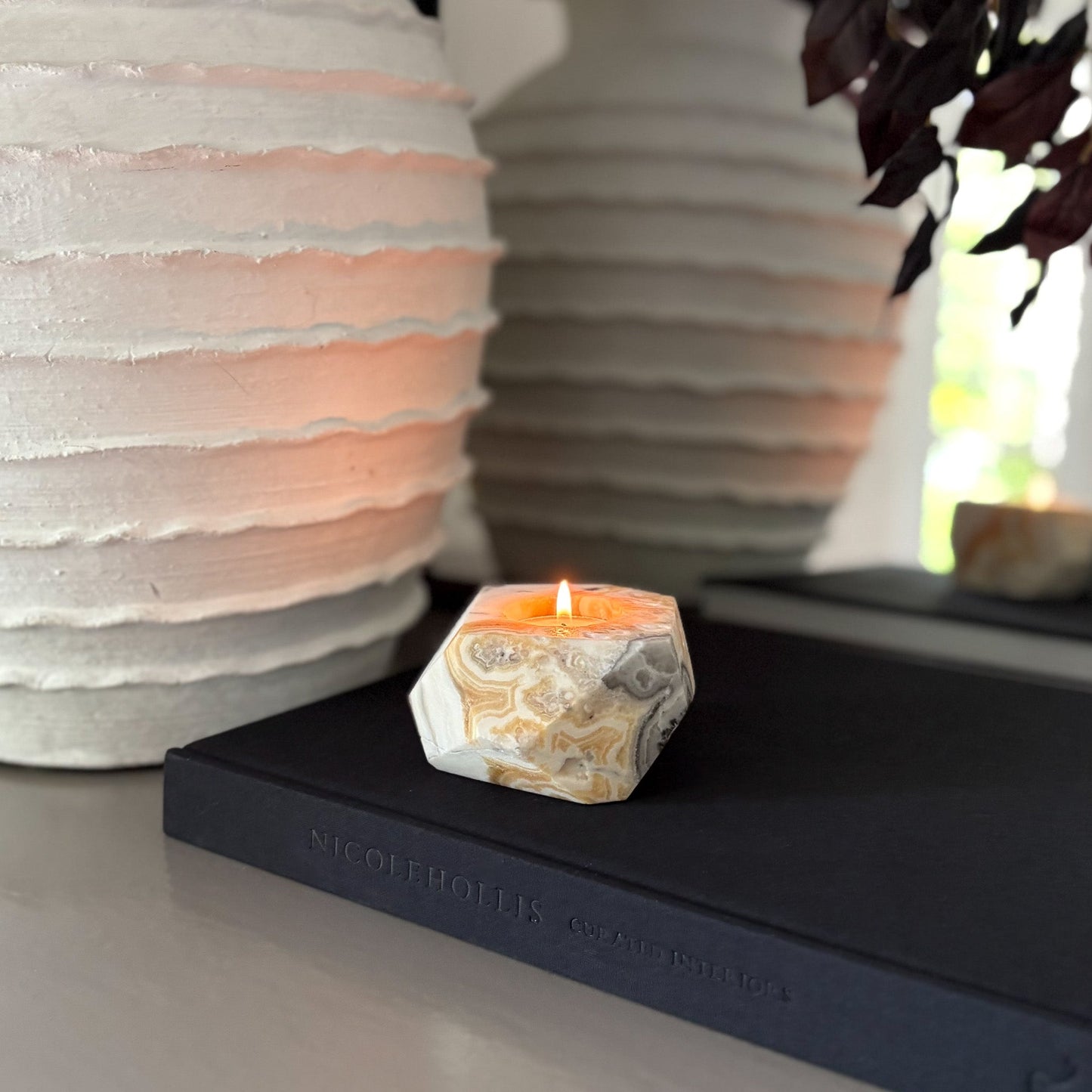 Faceted Zebra Calcite Candle Holder
