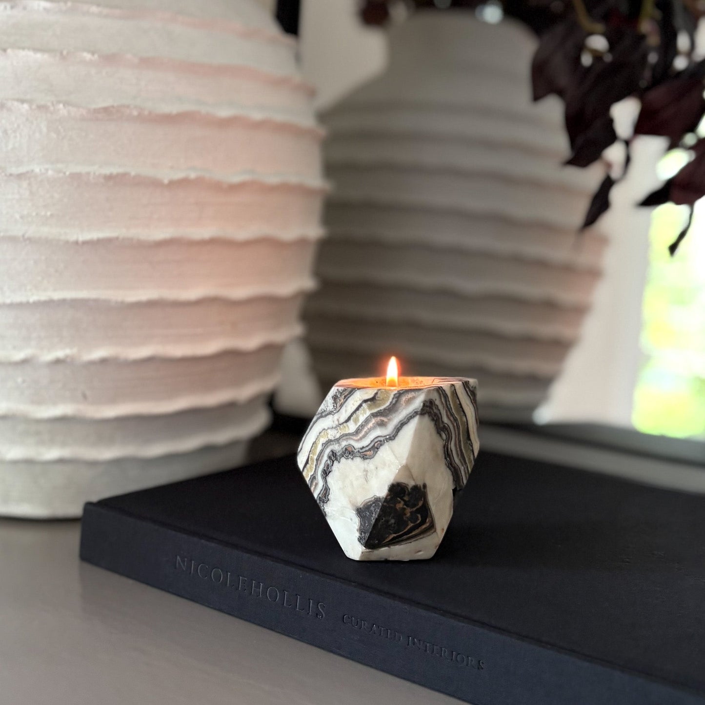 Faceted Zebra Calcite Candle Holder