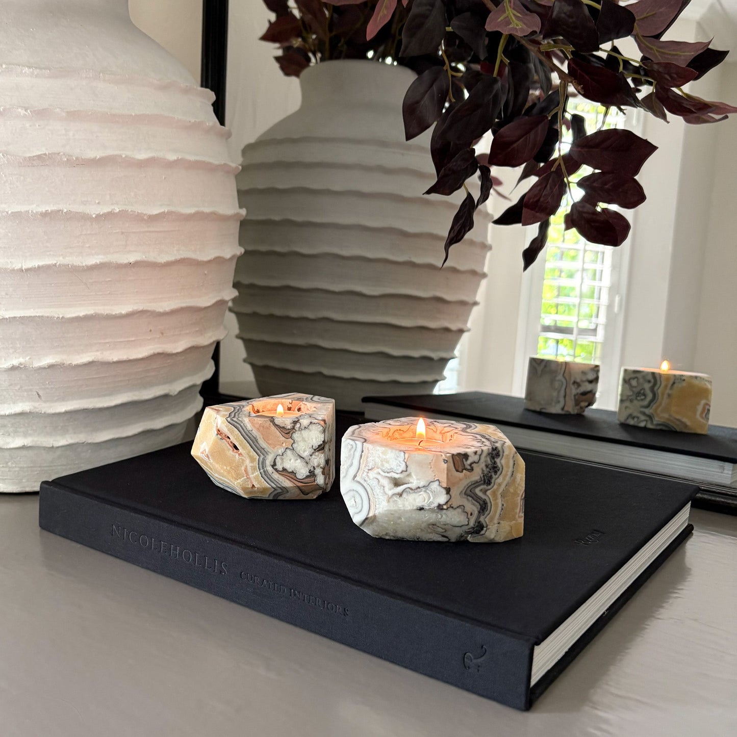 Faceted Zebra Calcite Candle Holder