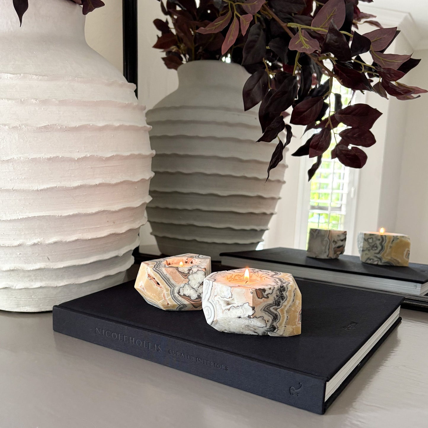 Faceted Zebra Calcite Candle Holder