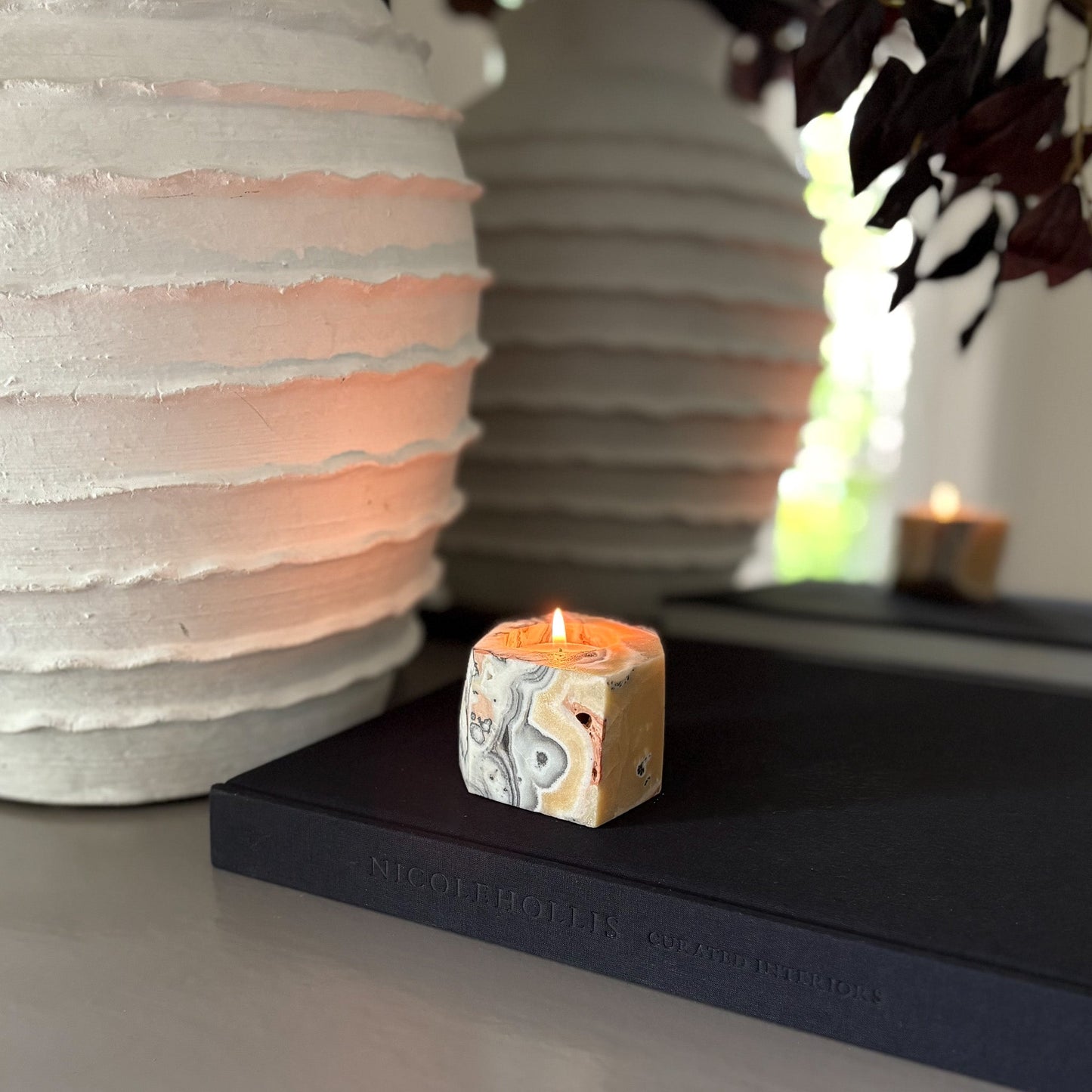 Faceted Zebra Calcite Candle Holder