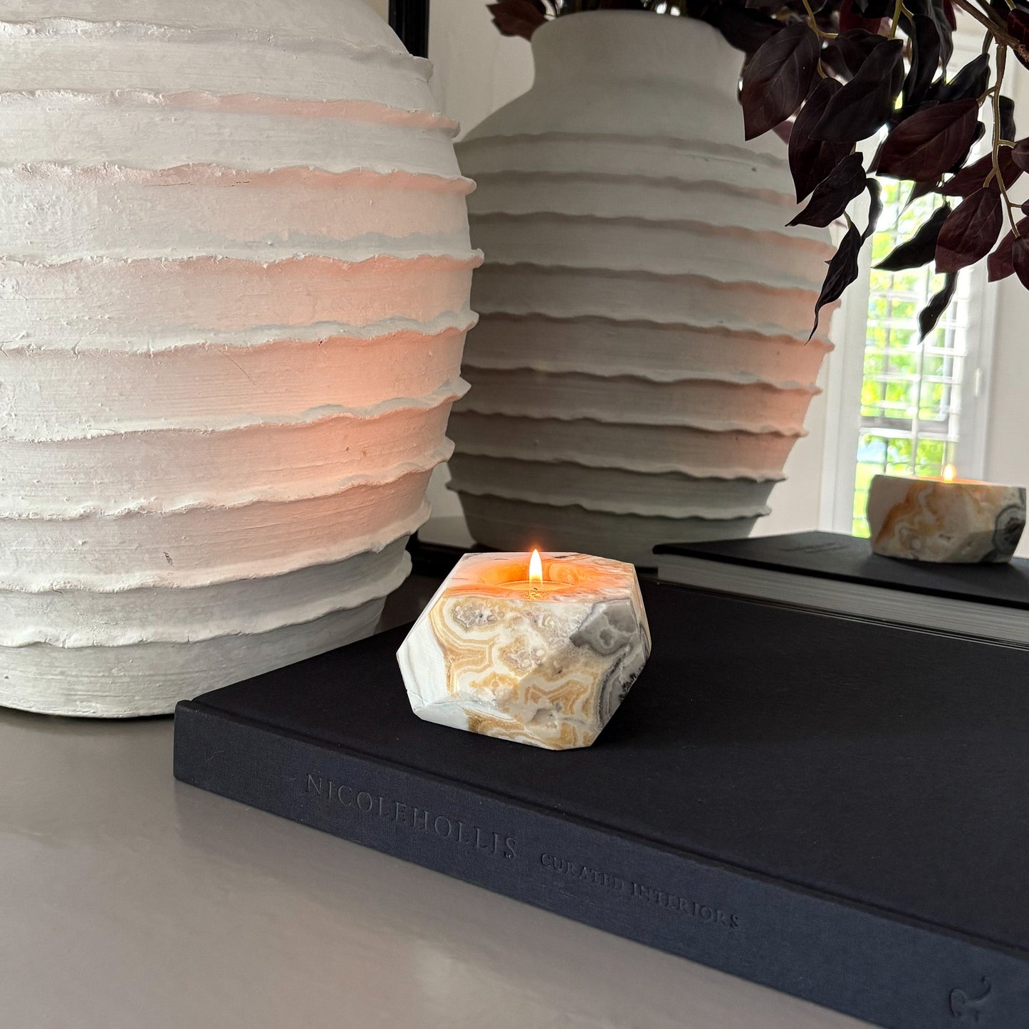 Faceted Zebra Calcite Candle Holder
