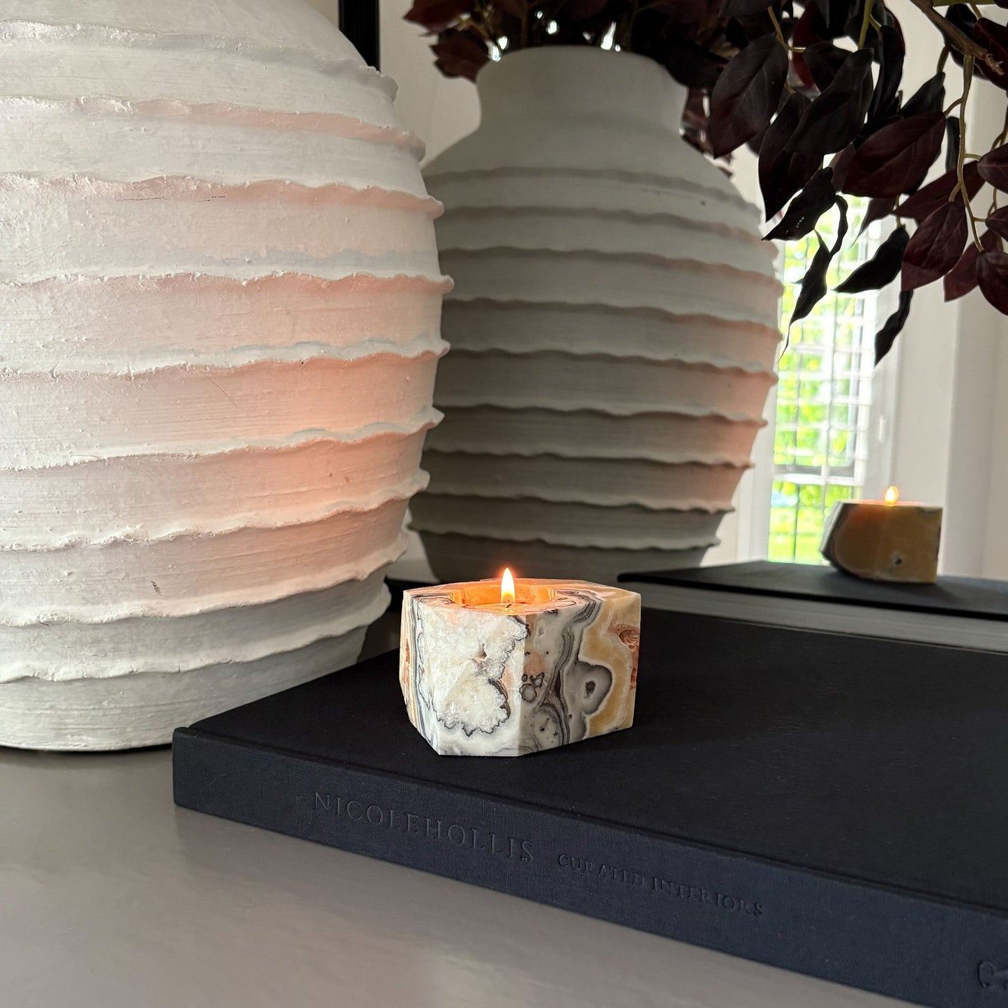 Faceted Zebra Calcite Candle Holder