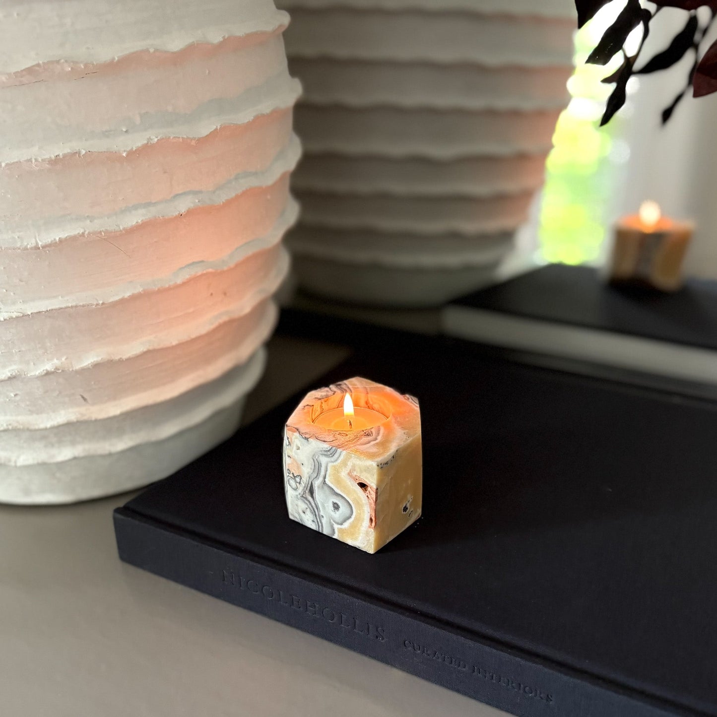 Faceted Zebra Calcite Candle Holder