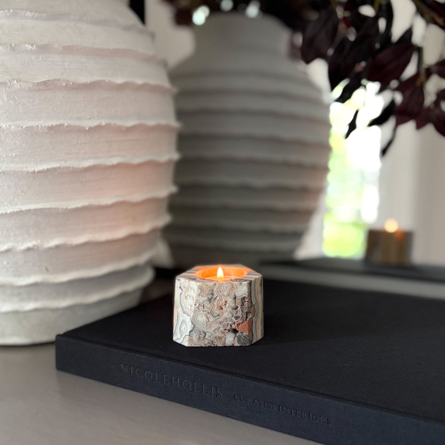Faceted Zebra Calcite Candle Holder