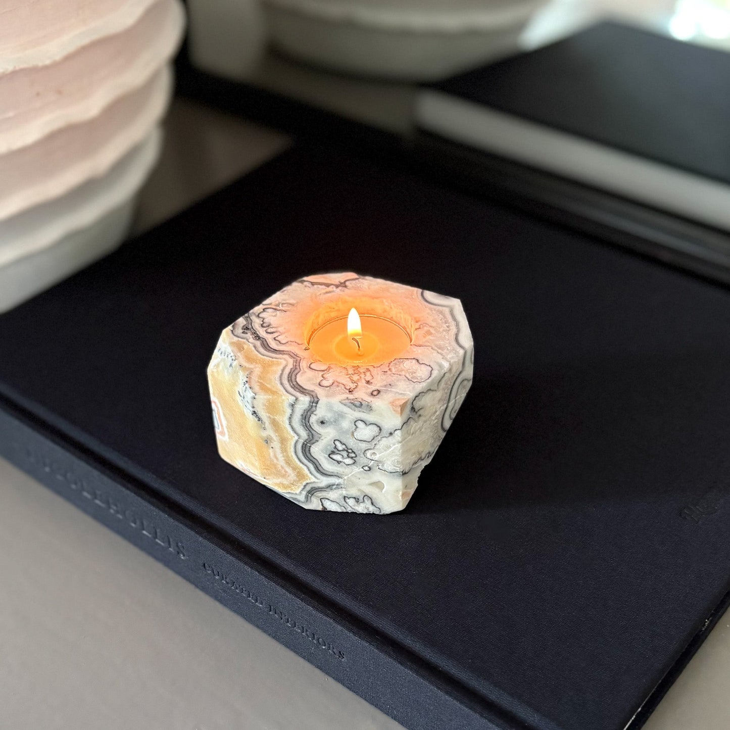 Faceted Zebra Calcite Candle Holder