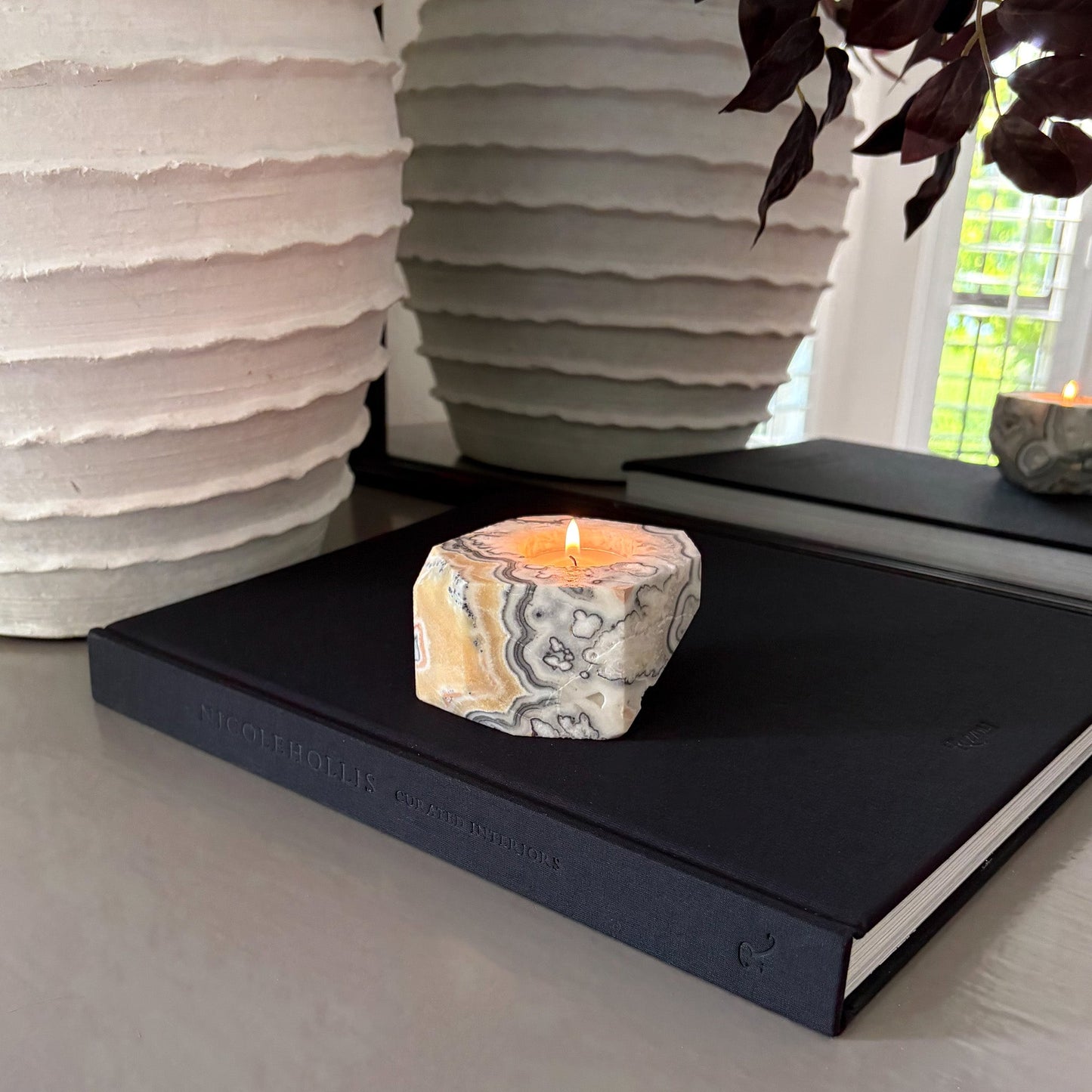 Faceted Zebra Calcite Candle Holder