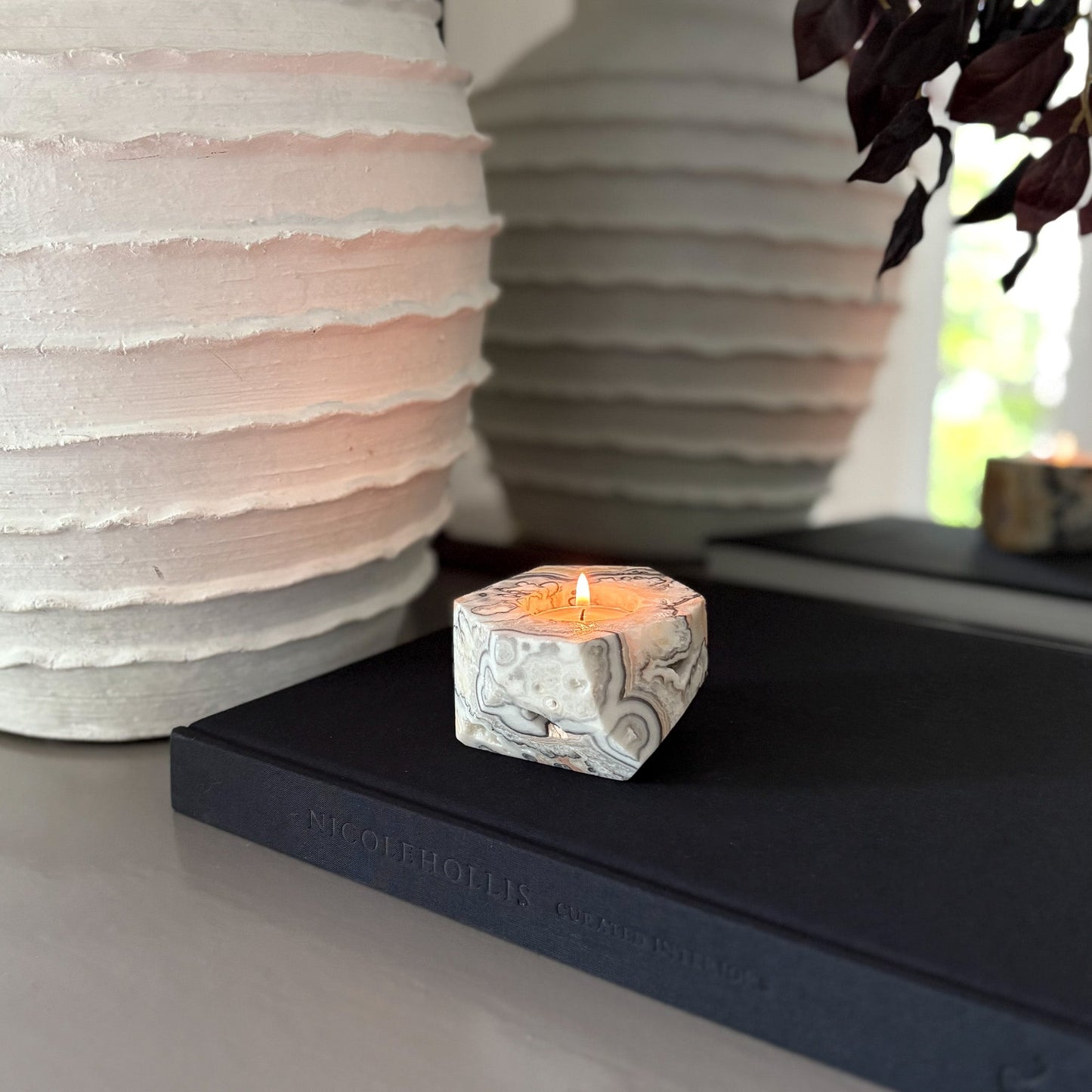 Faceted Zebra Calcite Candle Holder