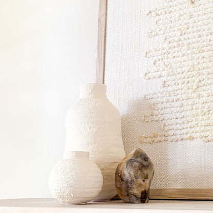 Natural stone sculpture decor featuring Madagascar fern agate in wabi-sabi interior styling